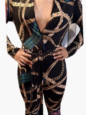 Fashion Nova Black Chain-Print Long Sleeve Jumpsuit with Green & Blue Accents